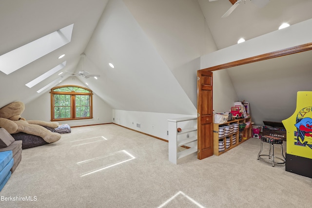 67 Dunmore Ct, Lenox, MA 01240 - bedroom featuring lofted ceiling, a skylight, carpet floors, and ceiling fan