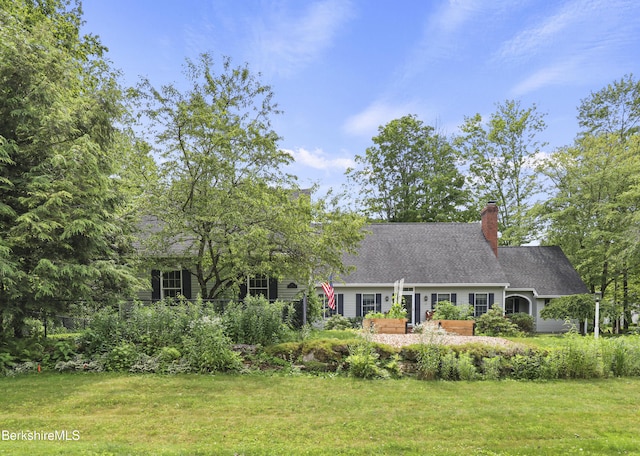 67 Dunmore Ct, Lenox, MA 01240 - cape cod house featuring a front lawn and a chimney