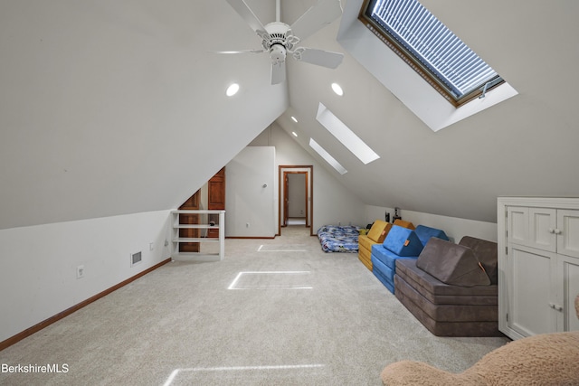 67 Dunmore Ct, Lenox, MA 01240 - additional living space featuring a skylight, lofted ceiling, light carpet, ceiling fan, and recessed lighting