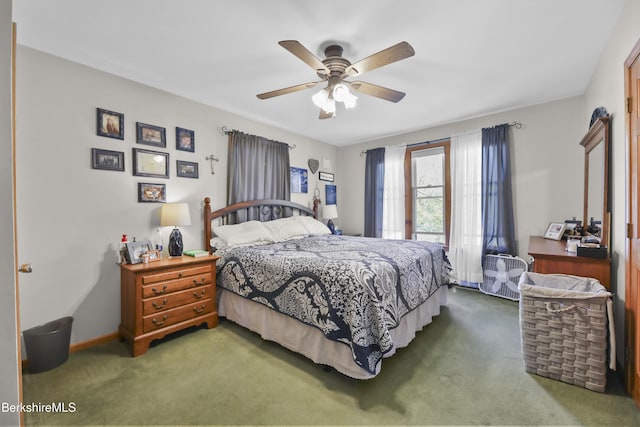 bedroom featuring carpet flooring, ceiling fan, and baseboards