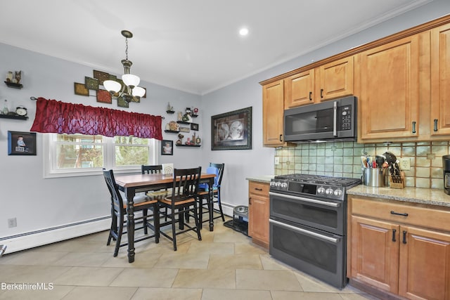 kitchen with backsplash, range with two ovens, crown molding, light stone countertops, and a notable chandelier