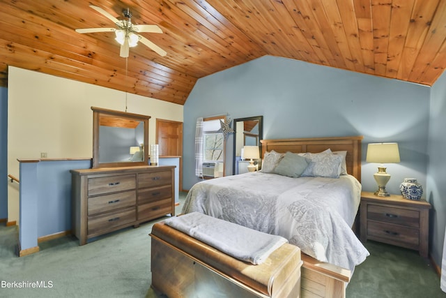 bedroom featuring wooden ceiling, baseboards, carpet, and lofted ceiling