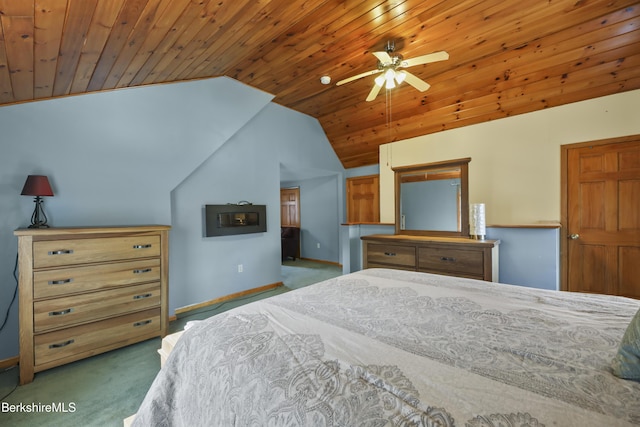 bedroom featuring carpet flooring, baseboards, vaulted ceiling, and wooden ceiling