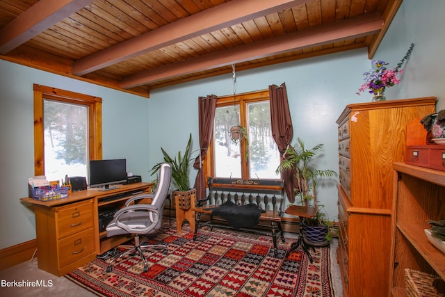 office featuring beam ceiling and wooden ceiling