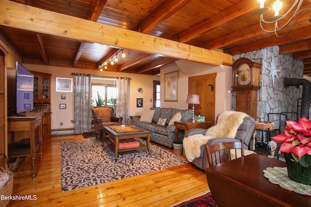 living room featuring beam ceiling, track lighting, light hardwood / wood-style floors, and wooden ceiling