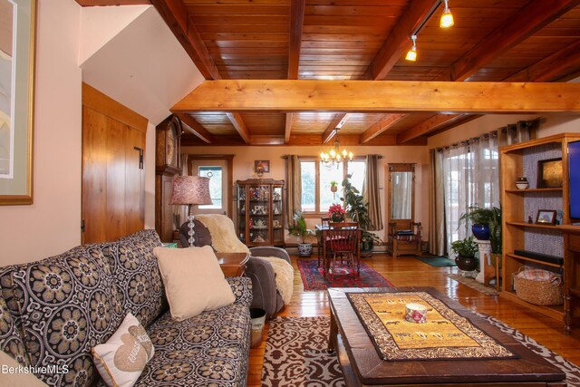 living room with wood-type flooring, track lighting, a notable chandelier, and wood ceiling