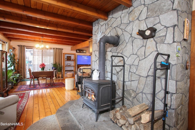 living room with hardwood / wood-style flooring, beam ceiling, a notable chandelier, wooden ceiling, and a wood stove