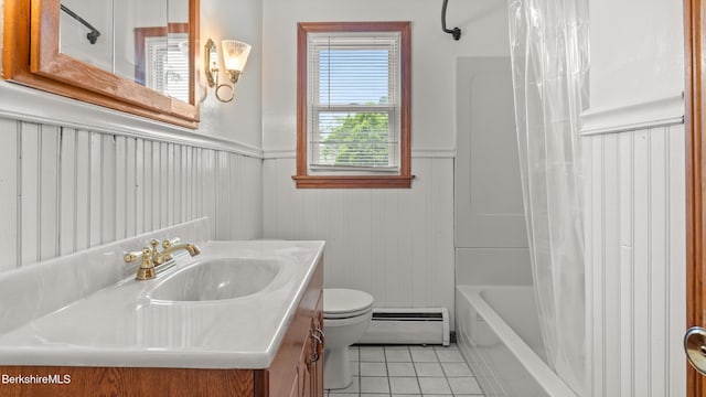 33 Quirico Dr, Pittsfield, MA 01201 - bathroom with a baseboard radiator, tile patterned flooring, a wainscoted wall, vanity, and shower / bath combo with shower curtain