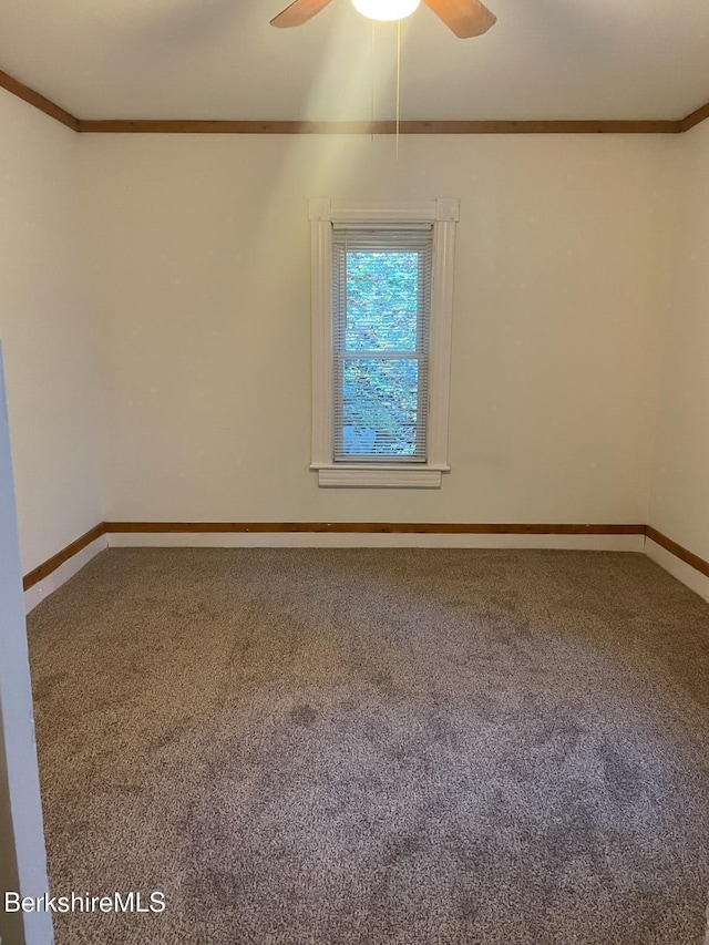 spare room featuring ceiling fan and carpet