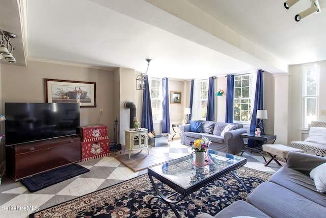 living room featuring a wood stove, plenty of natural light, and ornamental molding