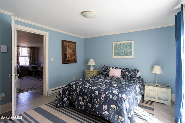 bedroom featuring crown molding, a baseboard radiator, and hardwood / wood-style flooring