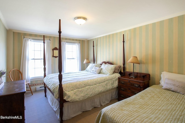 bedroom featuring carpet, a baseboard heating unit, and ornamental molding