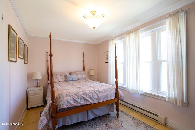 tiled bedroom with a baseboard radiator and ornamental molding