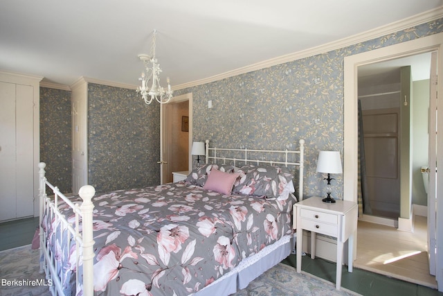 bedroom with ornamental molding and a chandelier