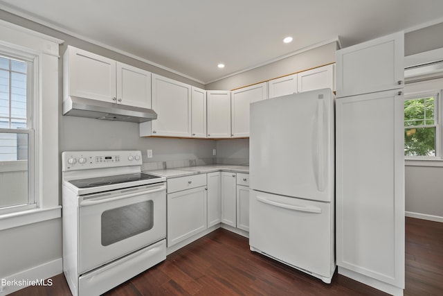 56 Perrine Ave, Pittsfield, MA 01201 - kitchen featuring white appliances, under cabinet range hood, white cabinetry, dark wood-style floors, and recessed lighting