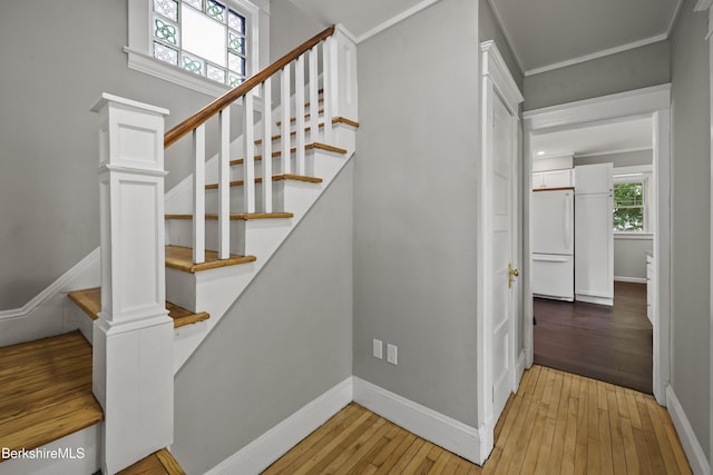 56 Perrine Ave, Pittsfield, MA 01201 - stairs featuring hardwood / wood-style flooring and crown molding