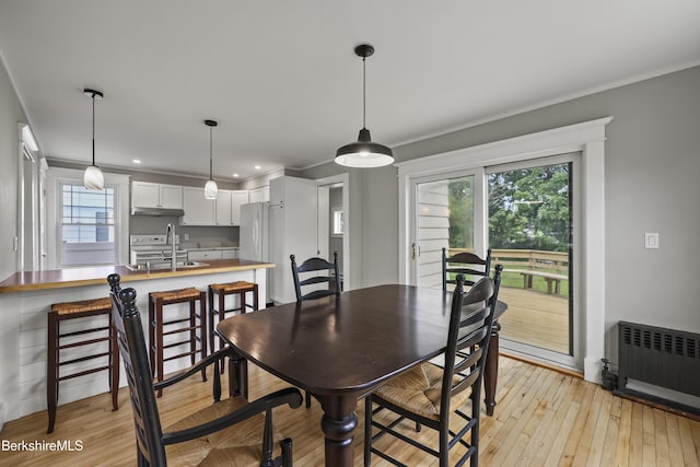 56 Perrine Ave, Pittsfield, MA 01201 - dining space with radiator, plenty of natural light, light wood finished floors, crown molding, and recessed lighting