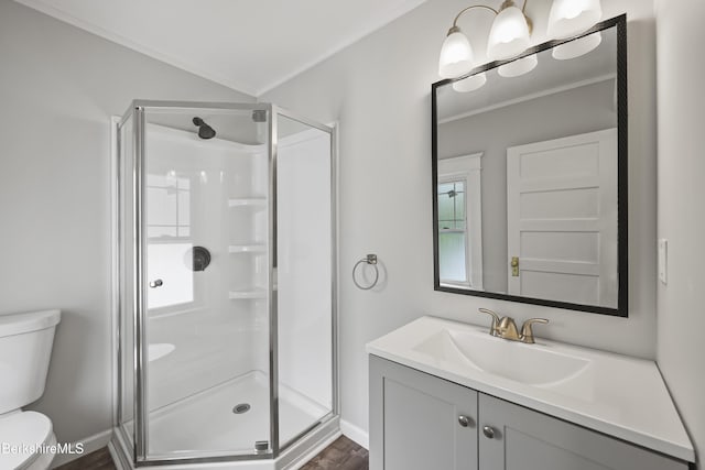 56 Perrine Ave, Pittsfield, MA 01201 - bathroom featuring a stall shower, vanity, wood finished floors, and ornamental molding