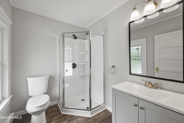 56 Perrine Ave, Pittsfield, MA 01201 - bathroom with wood finished floors, a stall shower, vanity, and crown molding