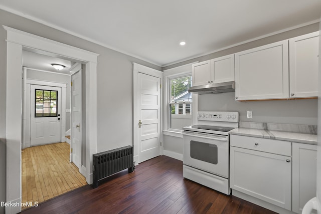 56 Perrine Ave, Pittsfield, MA 01201 - kitchen featuring white electric stove, radiator, under cabinet range hood, plenty of natural light, and recessed lighting