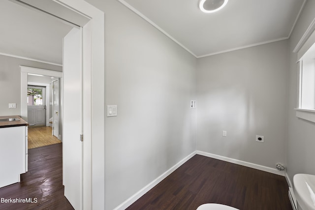56 Perrine Ave, Pittsfield, MA 01201 - washroom featuring electric dryer hookup, ornamental molding, and dark wood-type flooring