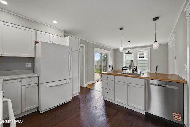 56 Perrine Ave, Pittsfield, MA 01201 - kitchen with freestanding refrigerator, stainless steel dishwasher, recessed lighting, dark wood-type flooring, and wooden counters
