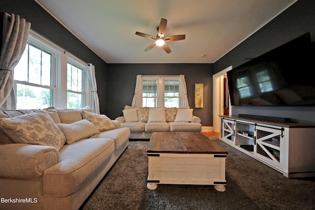 88 Newell St, Pittsfield, MA 01201 - carpeted living room with ceiling fan and crown molding