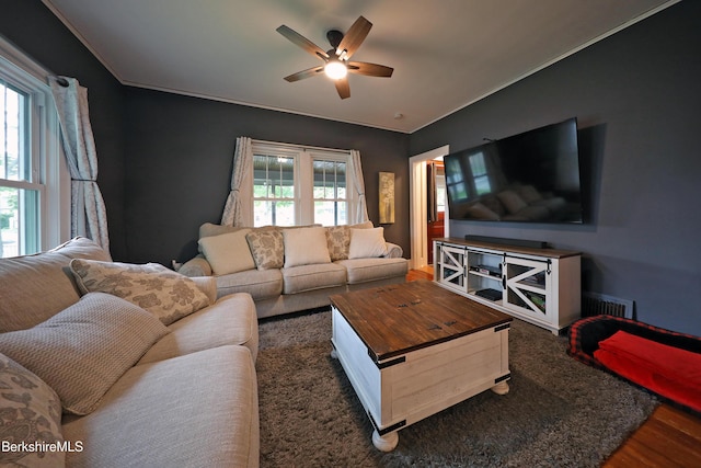 88 Newell St, Pittsfield, MA 01201 - living room featuring a ceiling fan, wood finished floors, and ornamental molding