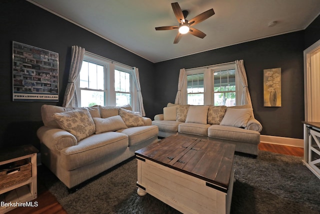 88 Newell St, Pittsfield, MA 01201 - living room featuring ceiling fan, dark wood-style floors, plenty of natural light, and ornamental molding