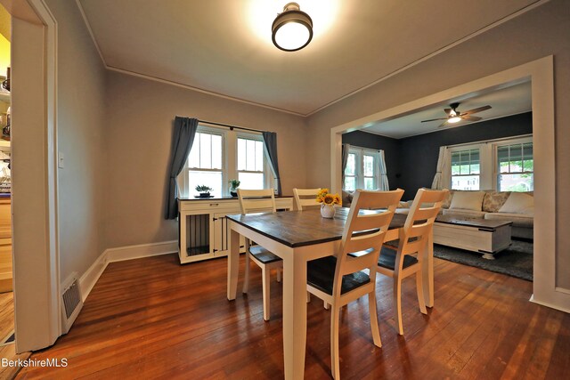 88 Newell St, Pittsfield, MA 01201 - dining room featuring dark wood-type flooring, a ceiling fan, and ornamental molding