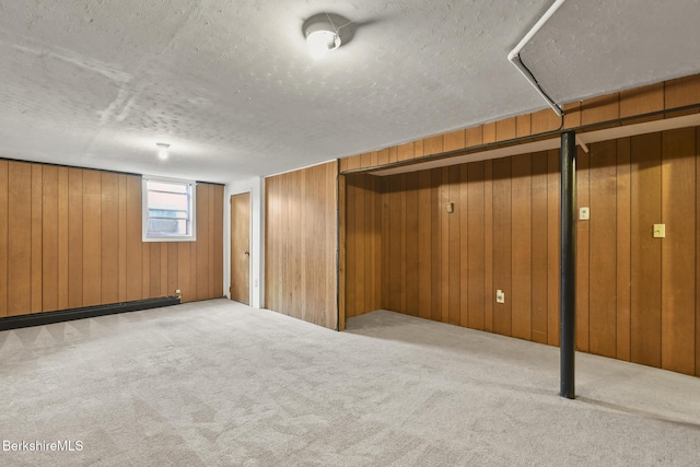 36 Dalton Division Rd, Dalton, MA 01226 - below grade area with carpet floors, a textured ceiling, wooden walls, and a baseboard radiator