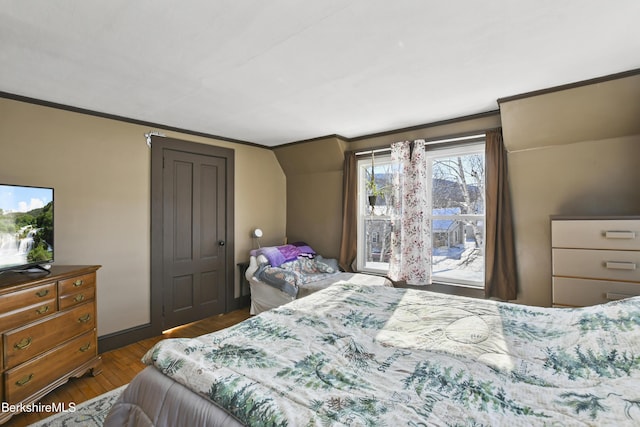 bedroom with hardwood / wood-style flooring and ornamental molding