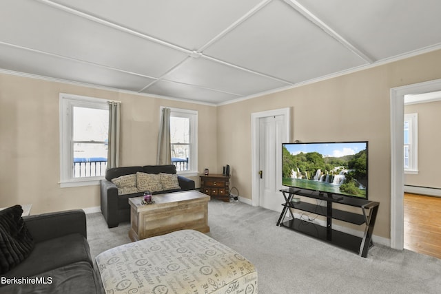 carpeted living room featuring crown molding