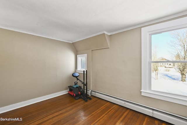 exercise area with a baseboard heating unit, a wealth of natural light, and dark hardwood / wood-style floors