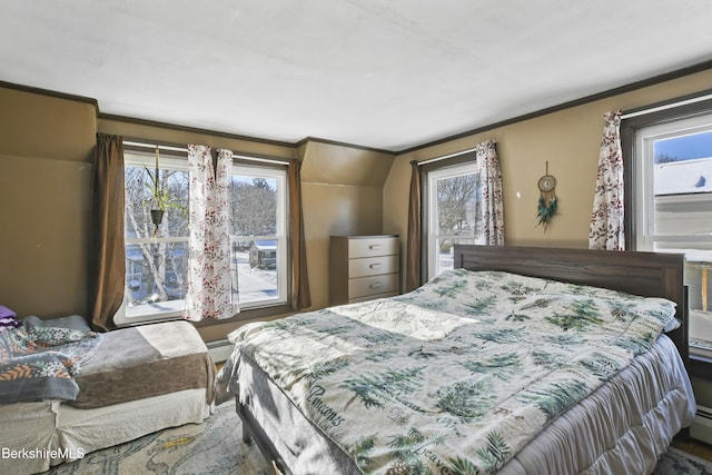 bedroom featuring multiple windows and ornamental molding