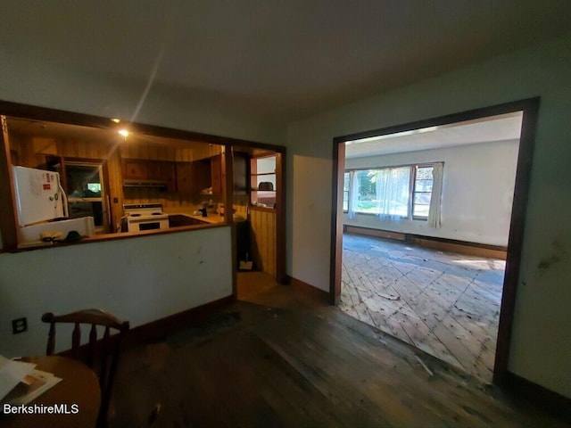 kitchen with hardwood / wood-style floors and white appliances