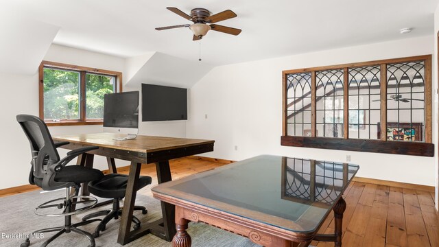 173 Hillsdale Rd, Egremont, MA 01258 - office area with ceiling fan, hardwood / wood-style flooring, and vaulted ceiling