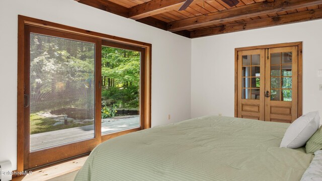 173 Hillsdale Rd, Egremont, MA 01258 - bedroom featuring access to outside, a wood ceiling with exposed beams, and french doors