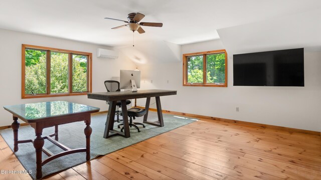 173 Hillsdale Rd, Egremont, MA 01258 - office area with a wall mounted AC, healthy amount of natural light, ceiling fan, and hardwood / wood-style flooring