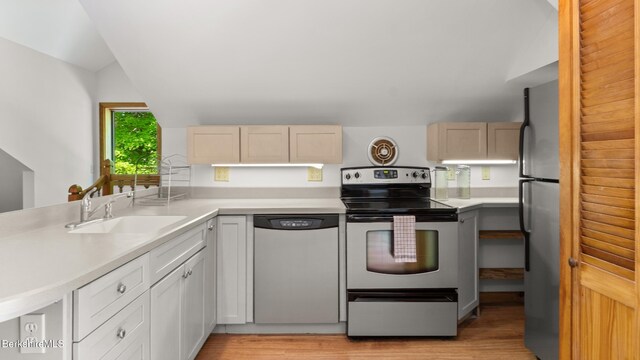 173 Hillsdale Rd, Egremont, MA 01258 - kitchen featuring stainless steel appliances, light countertops, light wood-type flooring, and lofted ceiling