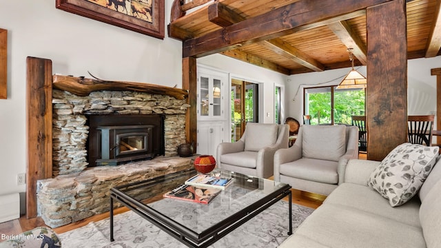 173 Hillsdale Rd, Egremont, MA 01258 - living area featuring a wood ceiling with exposed beams, wood finished floors, and a fireplace