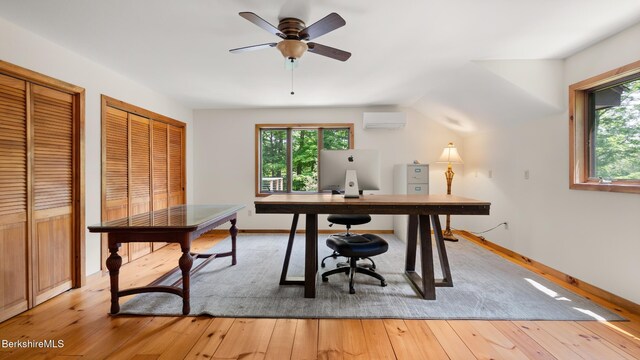 173 Hillsdale Rd, Egremont, MA 01258 - office area with a wall mounted air conditioner, light wood finished floors, ceiling fan, and vaulted ceiling