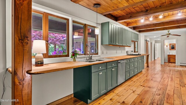173 Hillsdale Rd, Egremont, MA 01258 - kitchen with green cabinetry, butcher block counters, light wood finished floors, a wooden ceiling with exposed beams, and stainless steel dishwasher