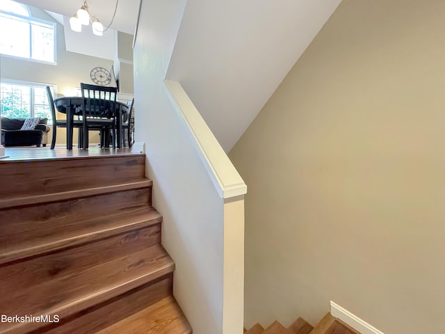 9253 Mountainside Dr, Hancock, MA 01237 - stairs with a chandelier