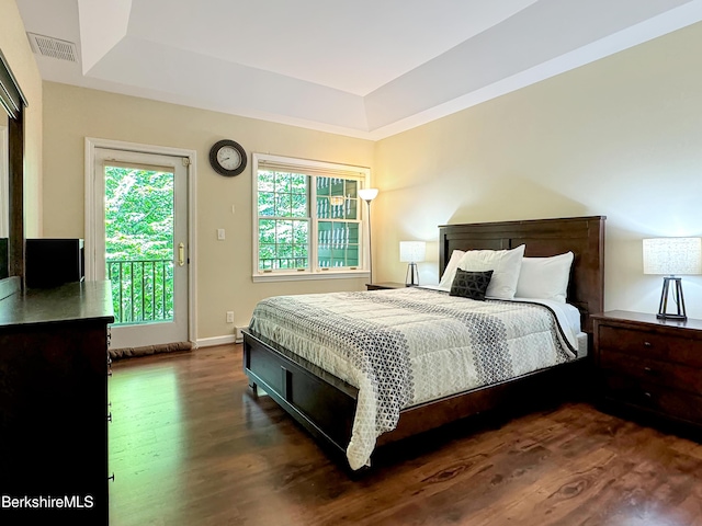 9253 Mountainside Dr, Hancock, MA 01237 - bedroom with dark wood-style floors, access to outside, a tray ceiling, and visible vents