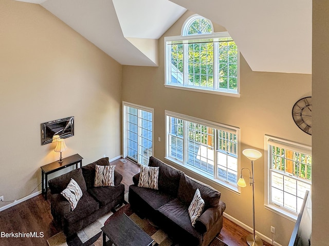 9253 Mountainside Dr, Hancock, MA 01237 - living room with high vaulted ceiling, wood finished floors, and baseboards