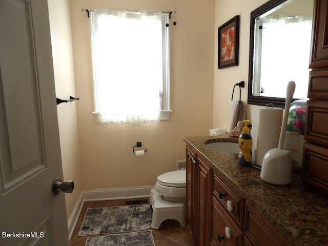 bathroom featuring tile patterned flooring, toilet, visible vents, vanity, and baseboards