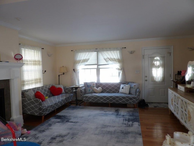 living room featuring ornamental molding, a wealth of natural light, a fireplace, and wood finished floors