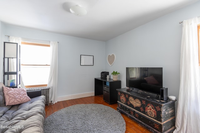 living room with wood-type flooring and radiator heating unit