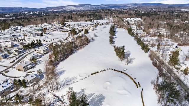 snowy aerial view with a mountain view